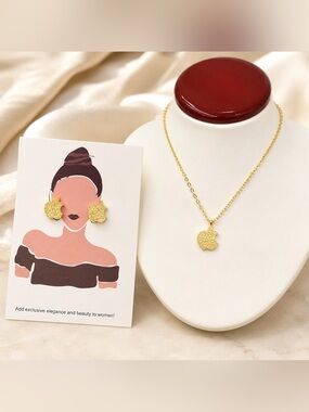 Gold Apple Pendant Necklace and Earrings Set steel 316L